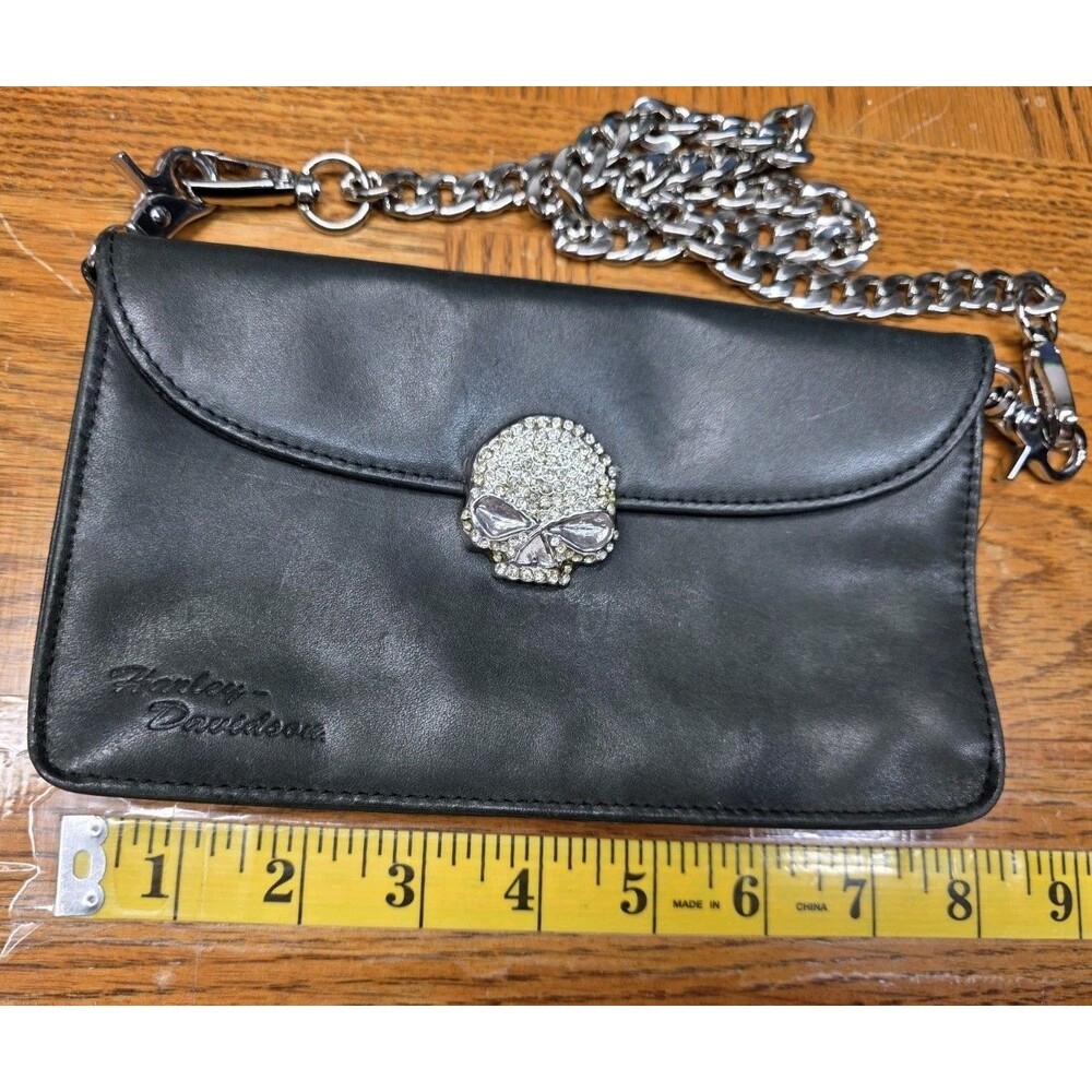 Harley Davidson Small Shoulder Bag Wallet Nlack Rhinestone Skull Magnetic...
